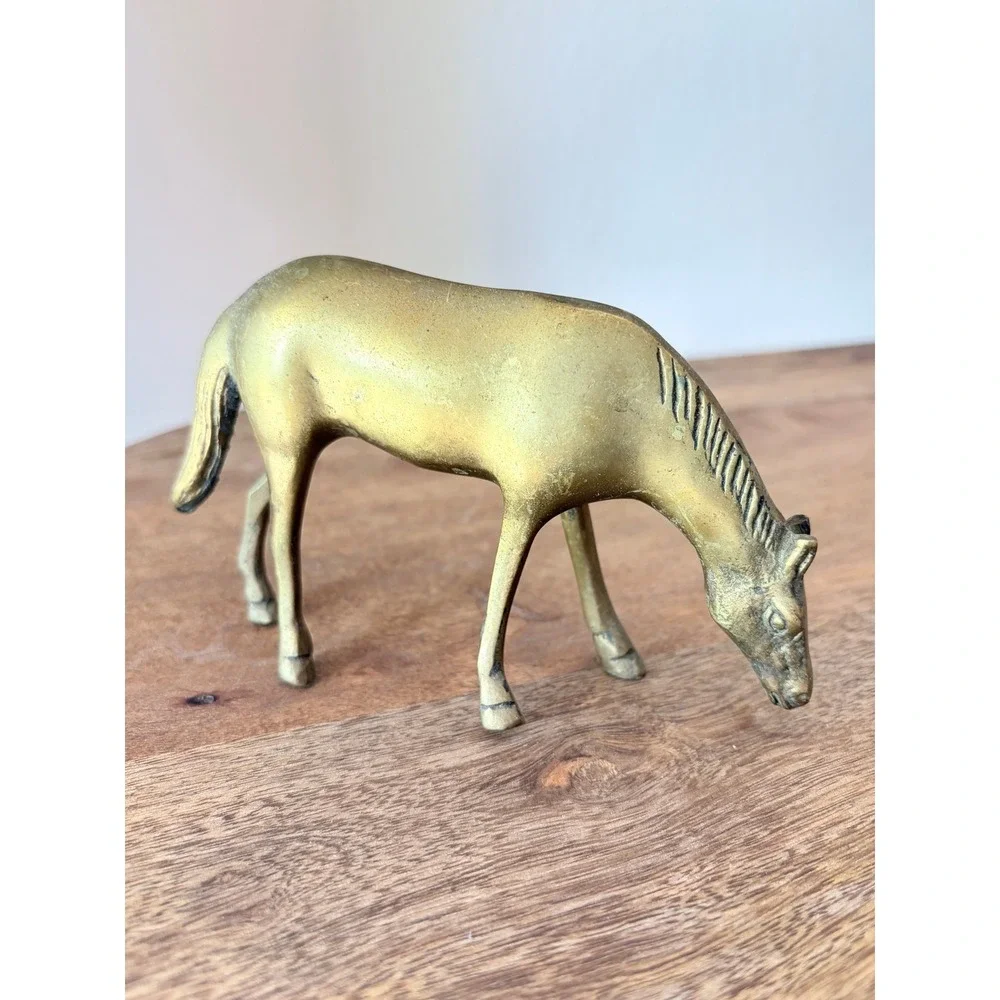 Vintage Solid Brass Grazing Horse Figurine Equestrian Decor 5.25 Inch